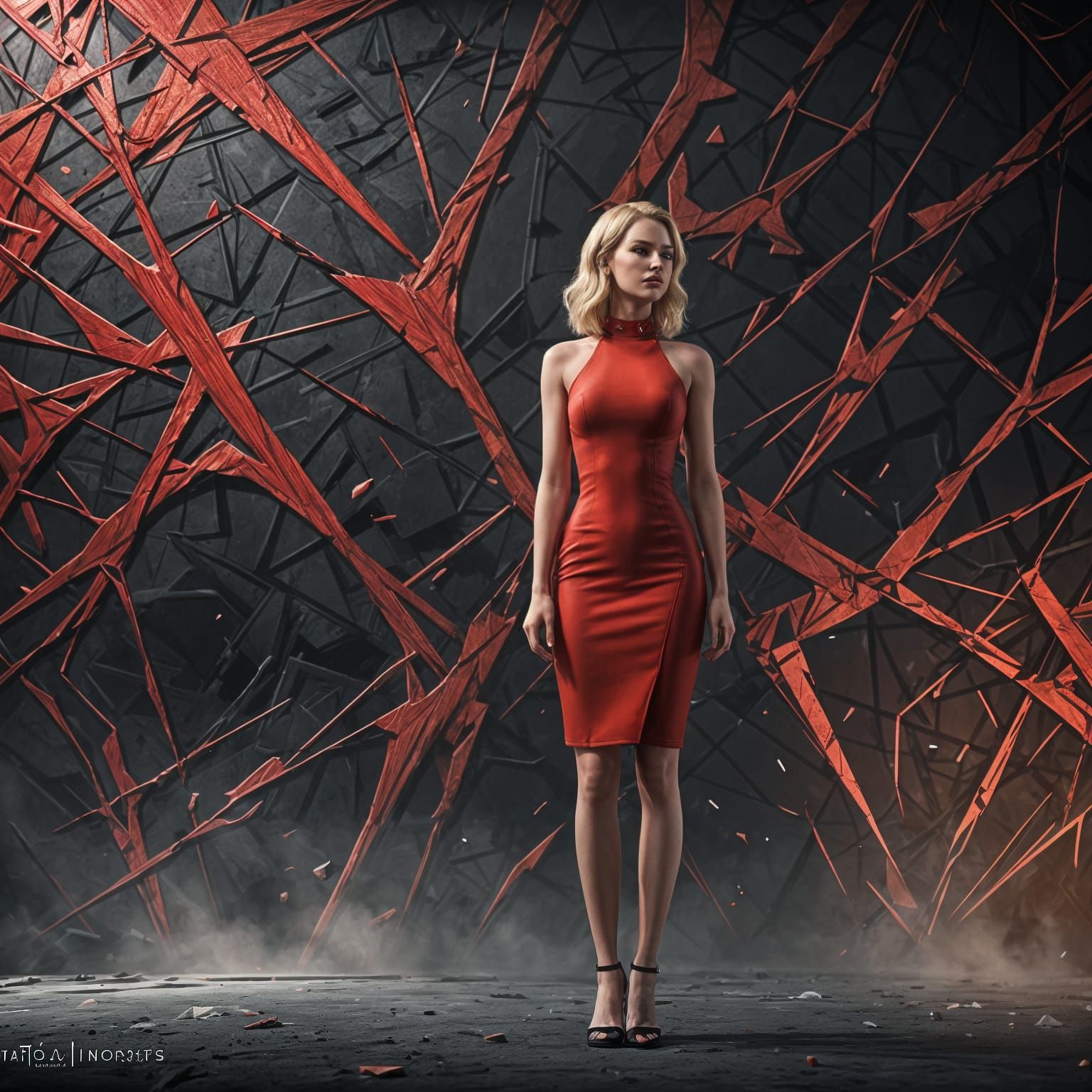 Blonde Woman in Red Dress Against Graphic Wall