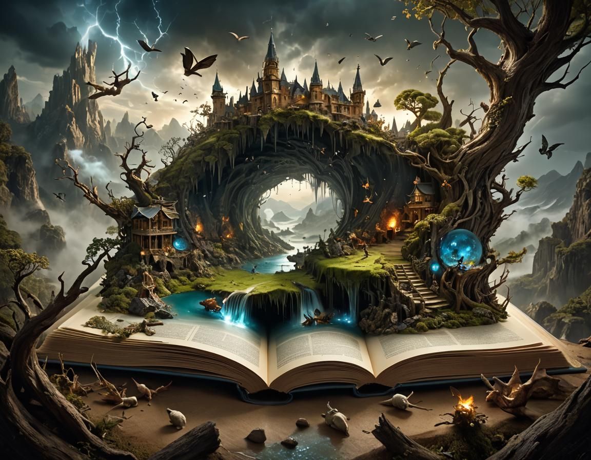 Fantasy World Exploding from Book, Digital Illustration