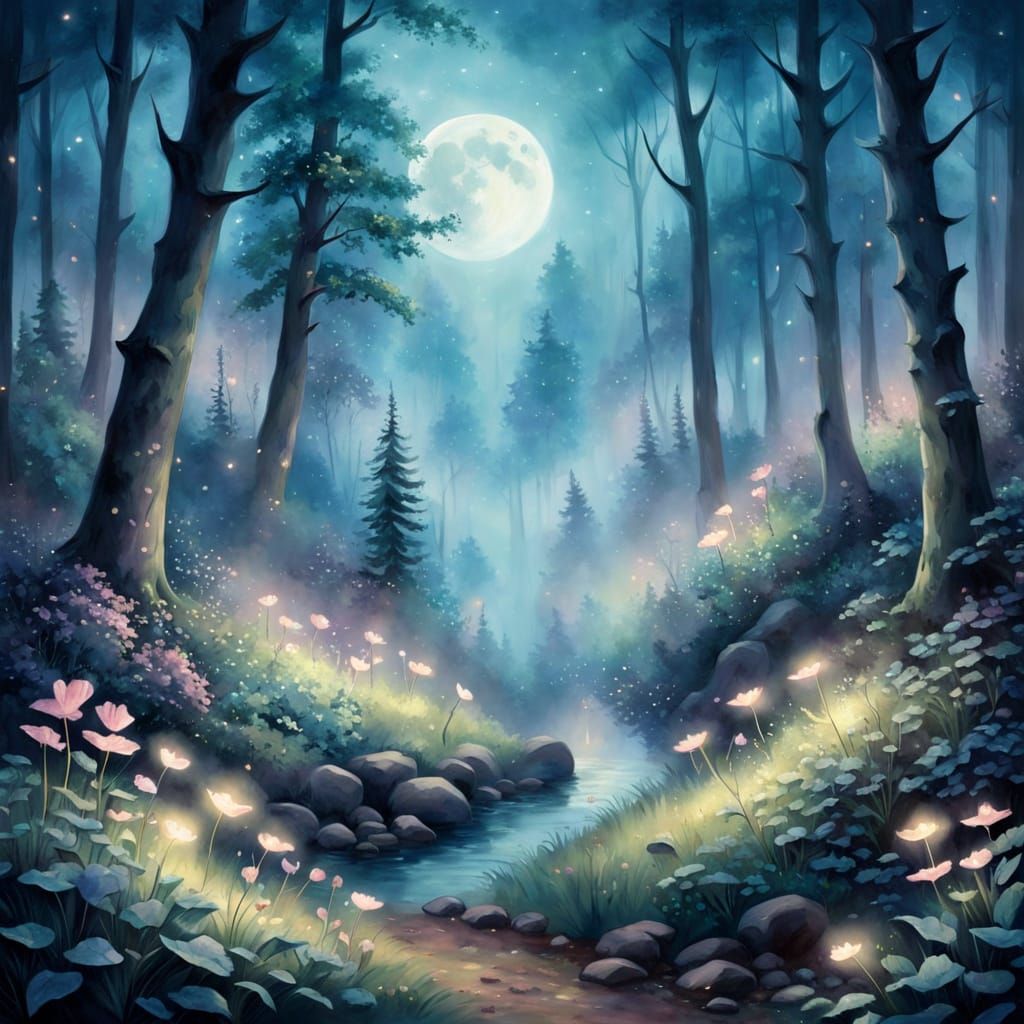 Whimsical Springtime Forest Under Moonlight