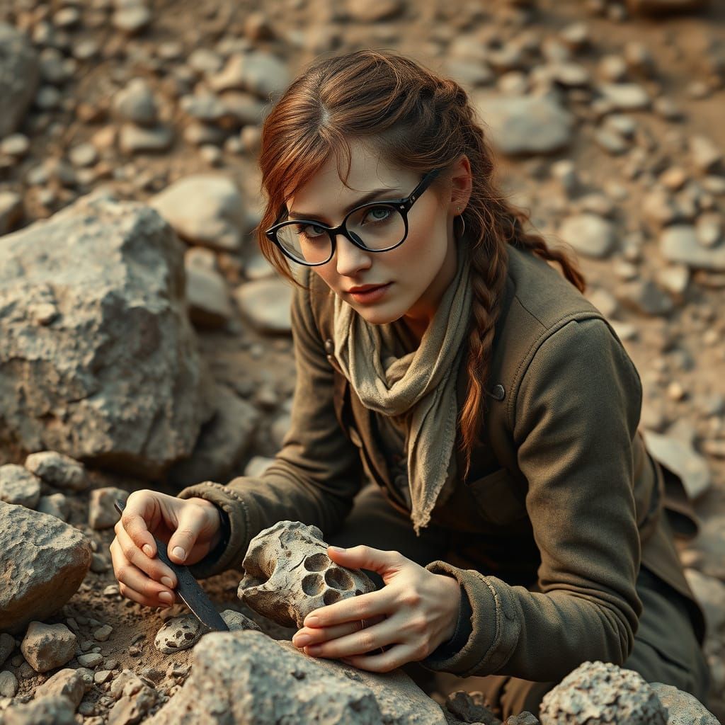 18th Century Paleontologist Excavating Fossils, Detailed Ren...