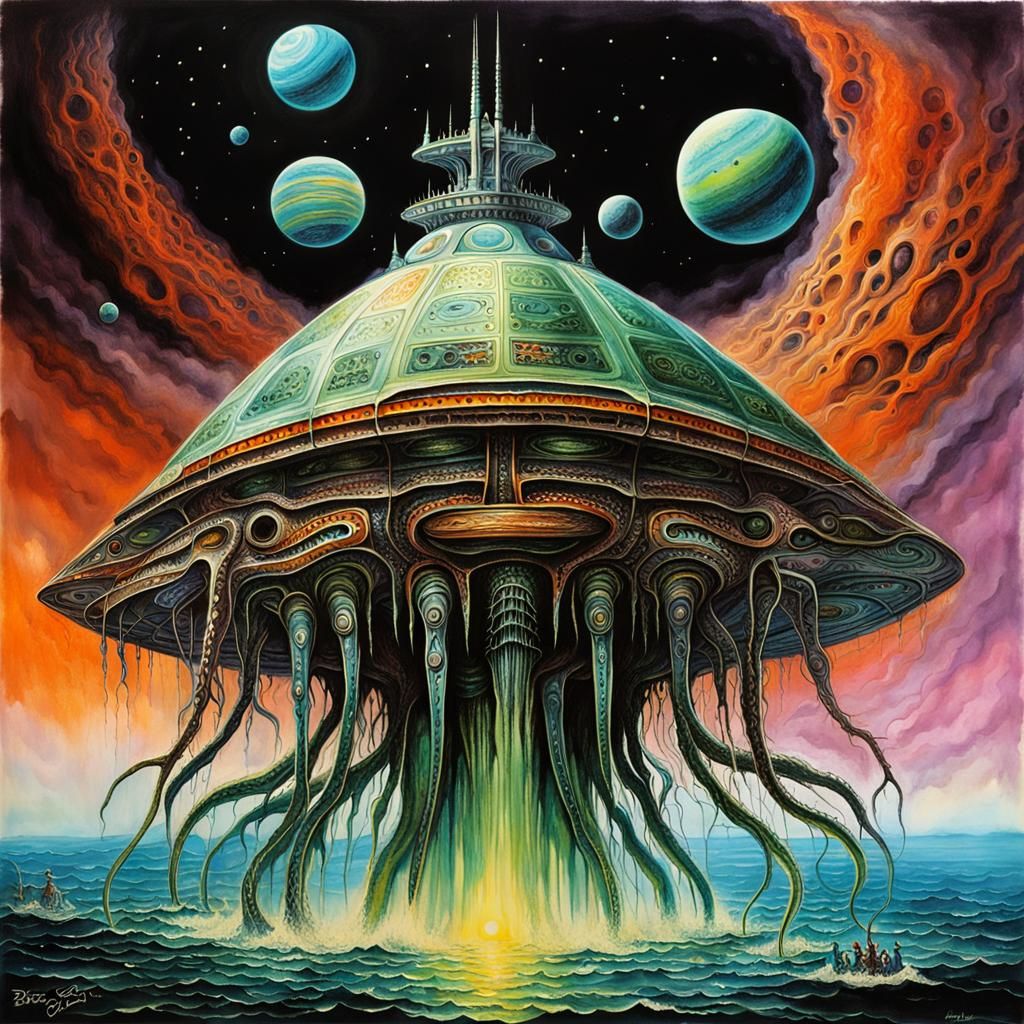 Giant Squid Spaceship other planet hyperdetailed Wet Washed Alcohol Ink Bruce Pennington Hans Ruedi Giger
