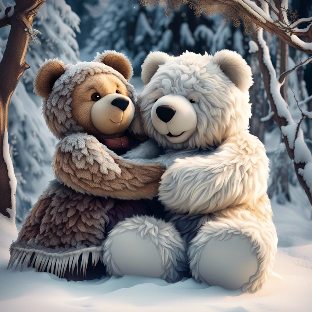 Giant Teddy Bear Hugging Another in Winter