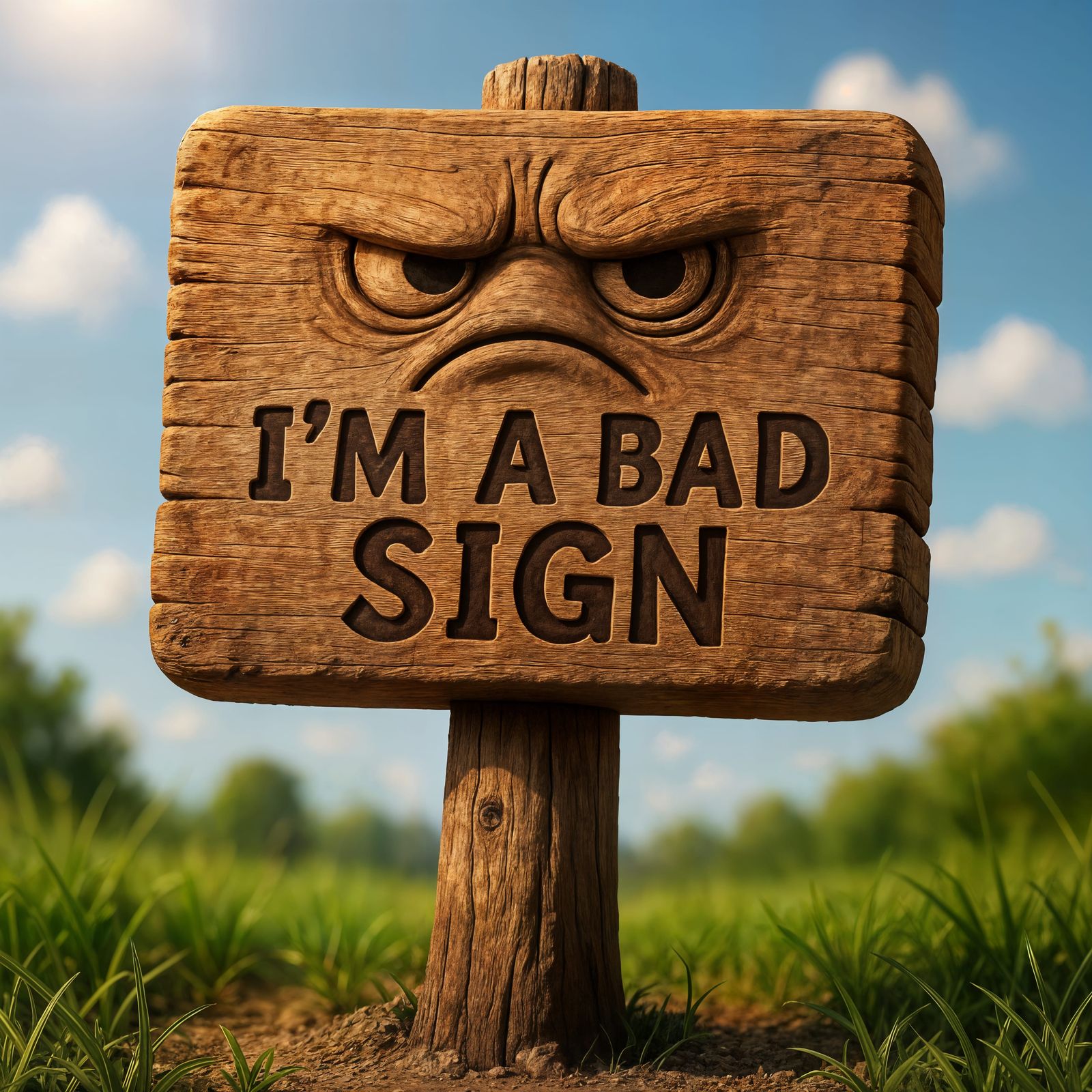 Grumpy Wooden Sign Reads 'I'm a Bad Sign'