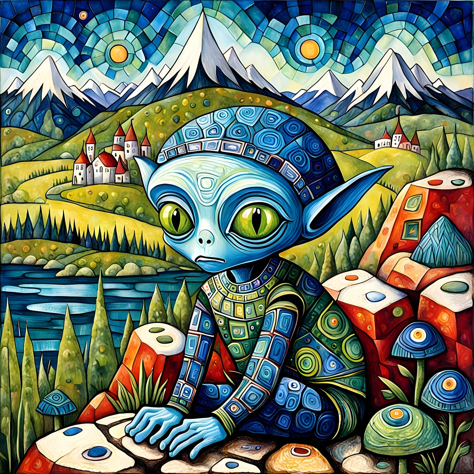 Primitive Encaustic Painting of a Solitary Child