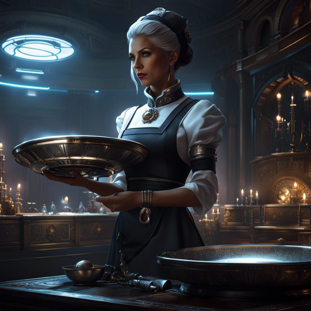 Cyberpunk Maid with Silver Platter: Detailed Dark Fantasy