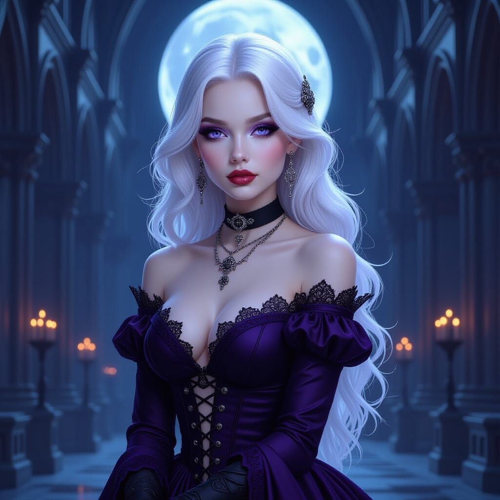 Albino Woman with Violet Eyes in Gothic Cathedral