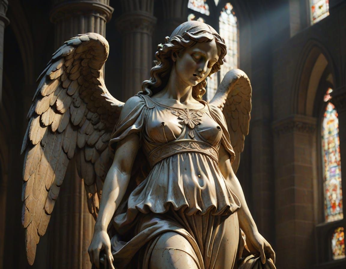 Warm Golden Light Illuminates a Weathered Stone Angel in a F...