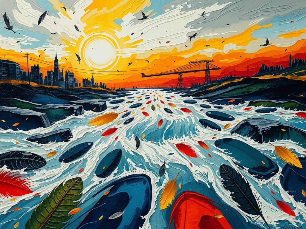 Turbulent River Under Windswept Sky Abstract Expressionism