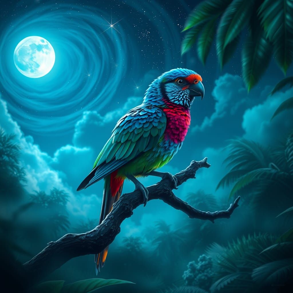 Iridescent Rainforest Bird Under Aurora Borealis