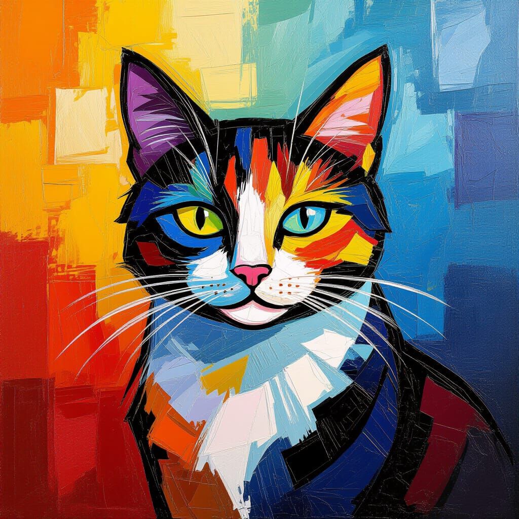 Chiaroscuro Cat Portrait in Textured Impasto Oil Painting