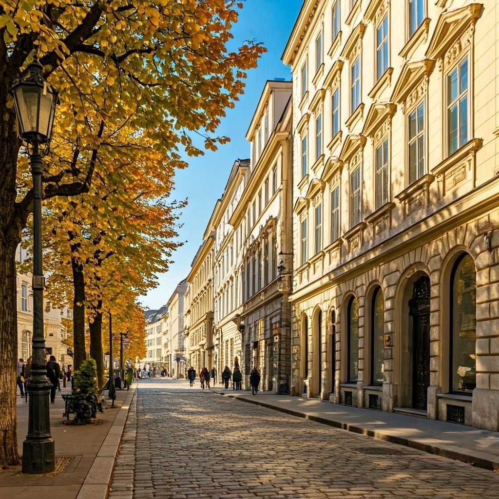Sunny Vienna Street Scene with Autumn Foliage