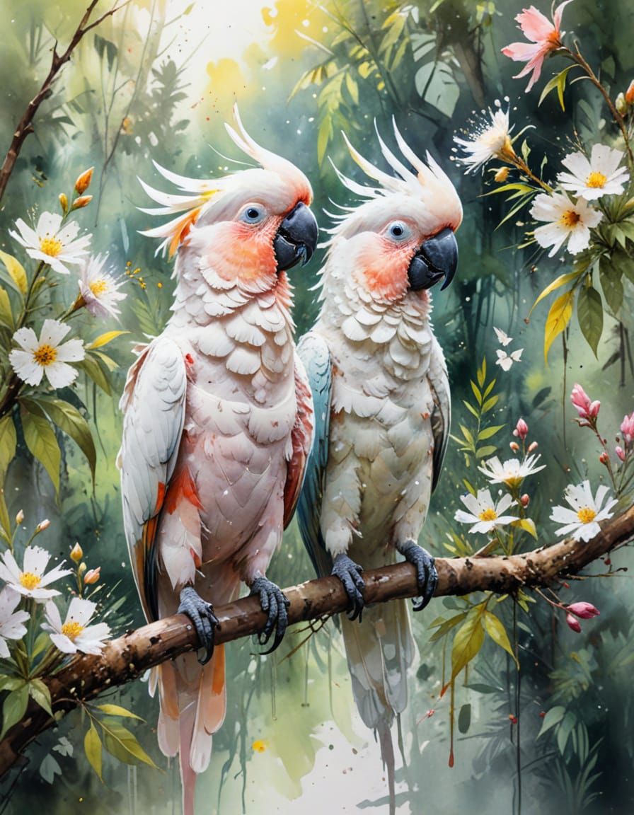 Cockatoo in Jungle Forest, Watercolour Painting