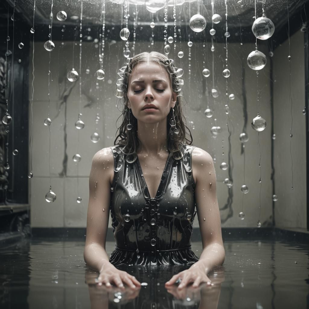 Surreal portrait, medium shot. A young adult sits with eyes ...