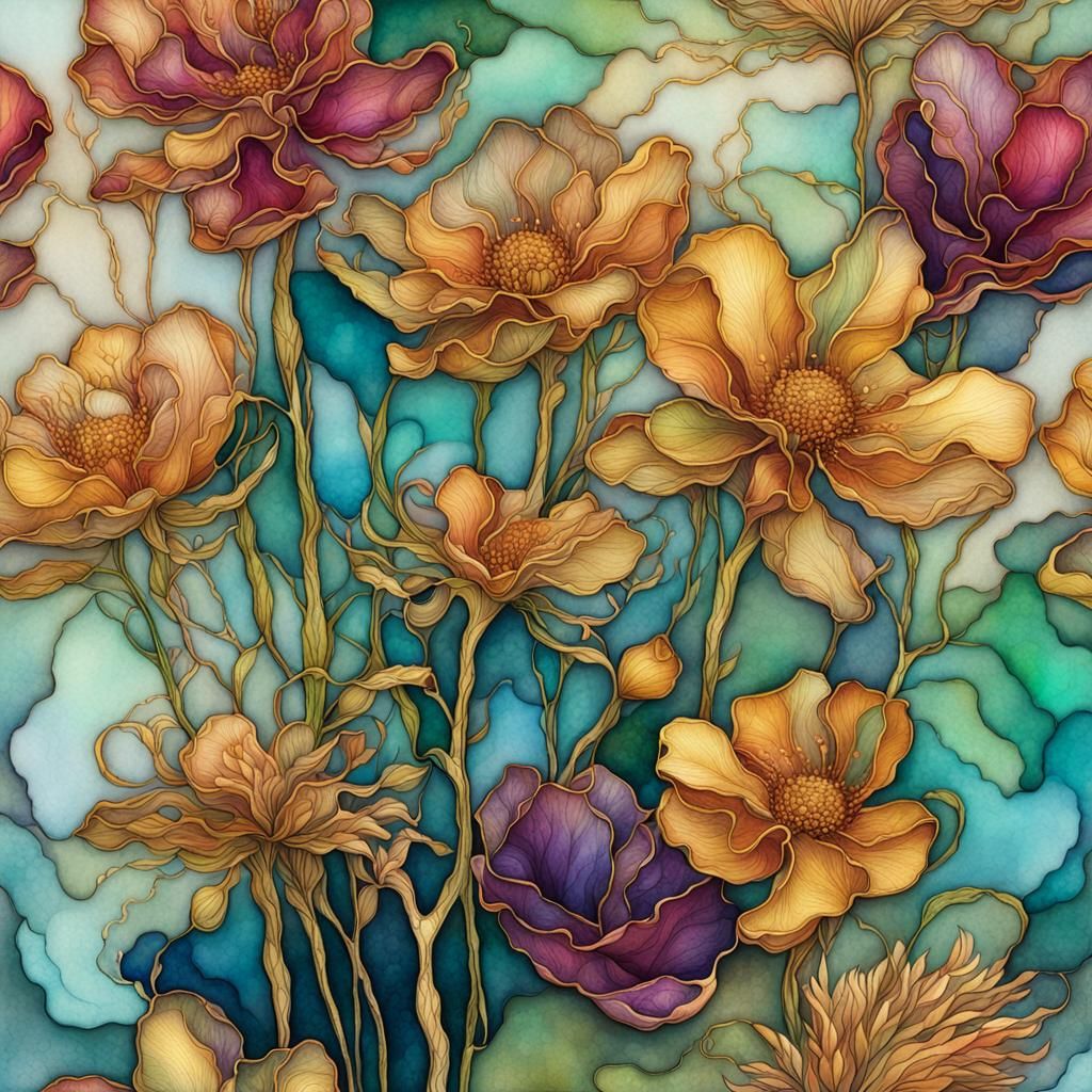 Golden Botanical Flowers in Alcohol Ink Style