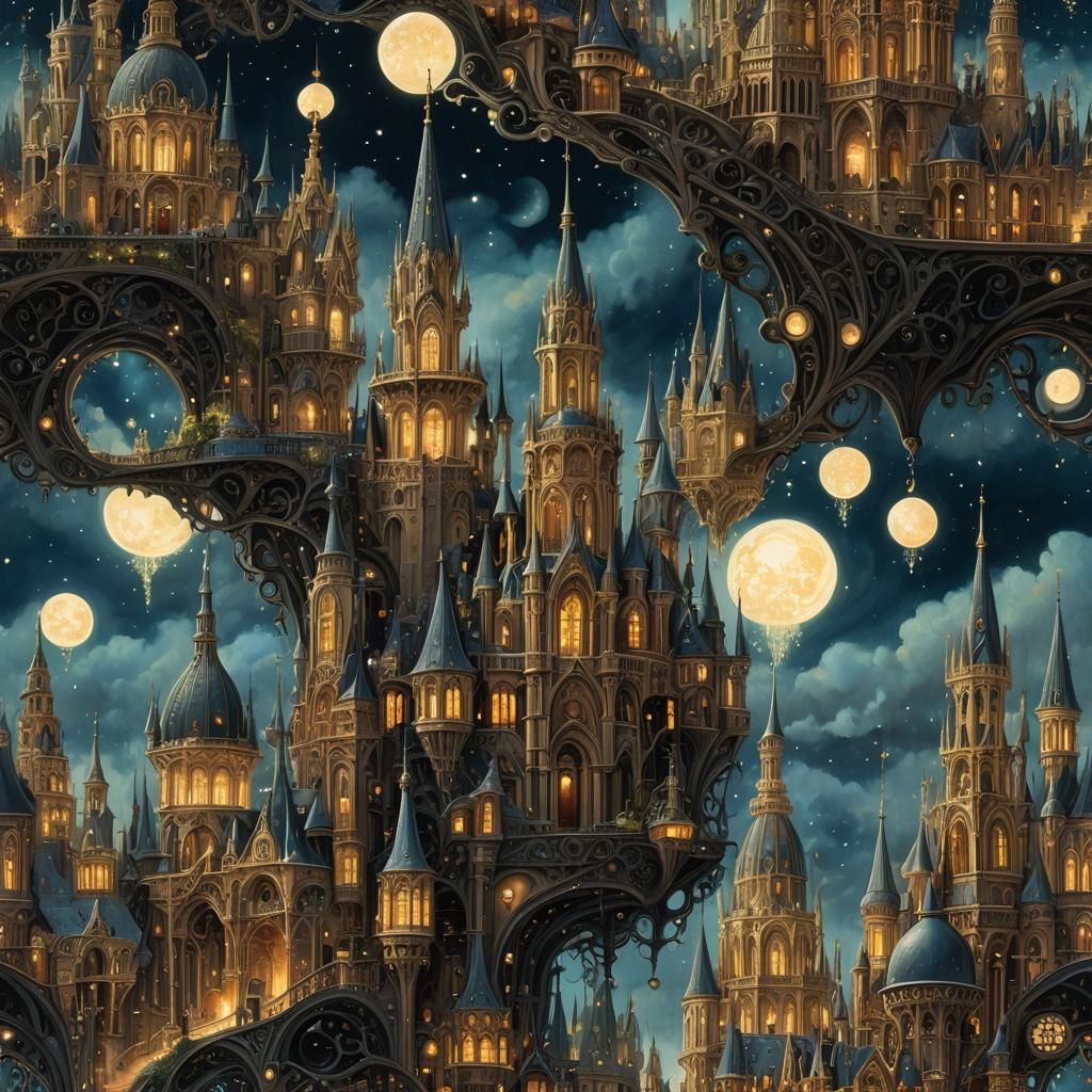 Surreal Gothic Cityscape Under Starry Aurora Sky