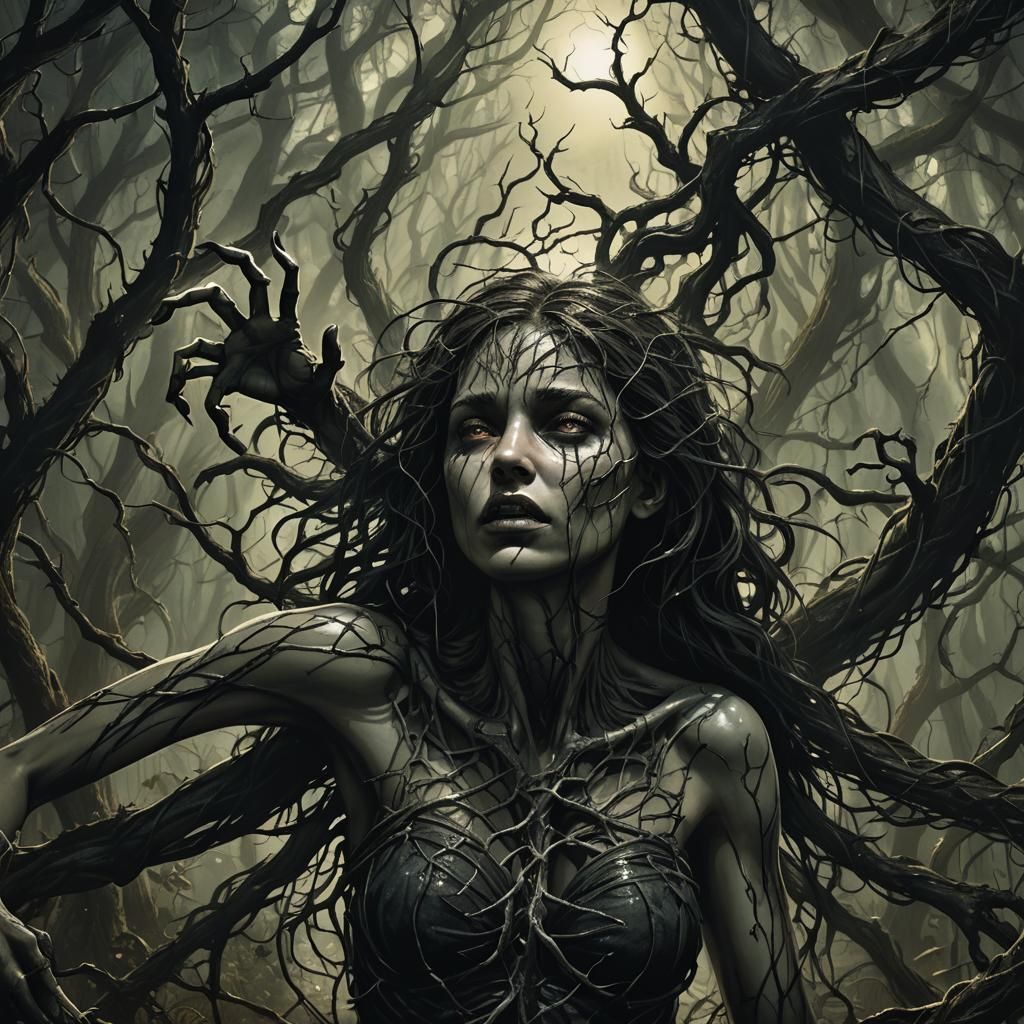 Grotesque Transformation in Bioluminescent Forest: Dark Fant...