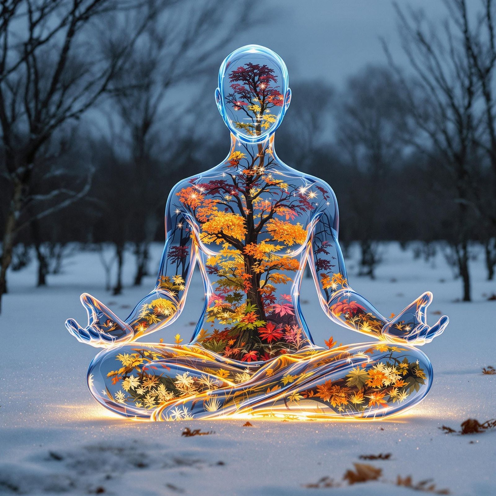 Glass Digital Figure Meditates in Vibrant Autumn Landscape