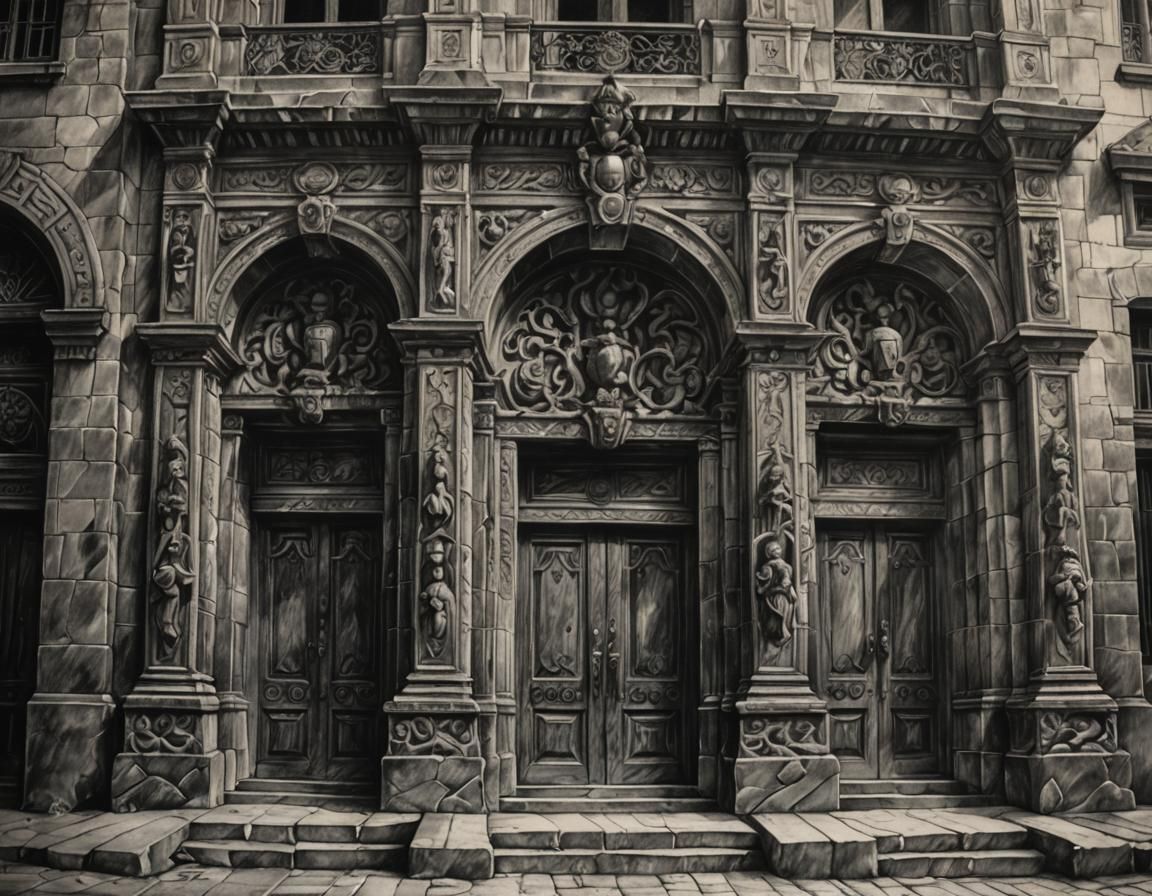 Detailed Charcoal Drawing of a Victorian Academy Facade