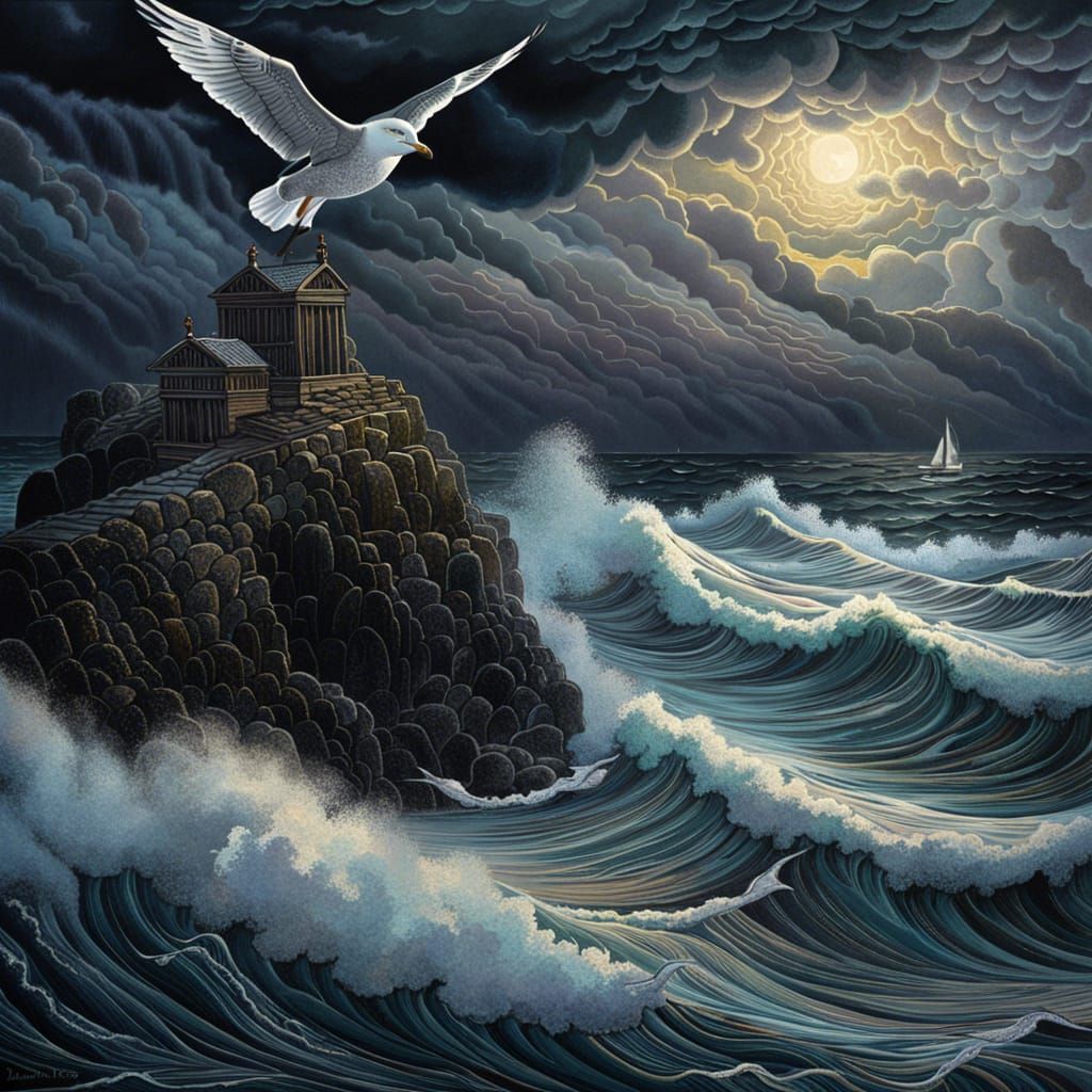 Astral Seagull in Stormy Night Seascape
