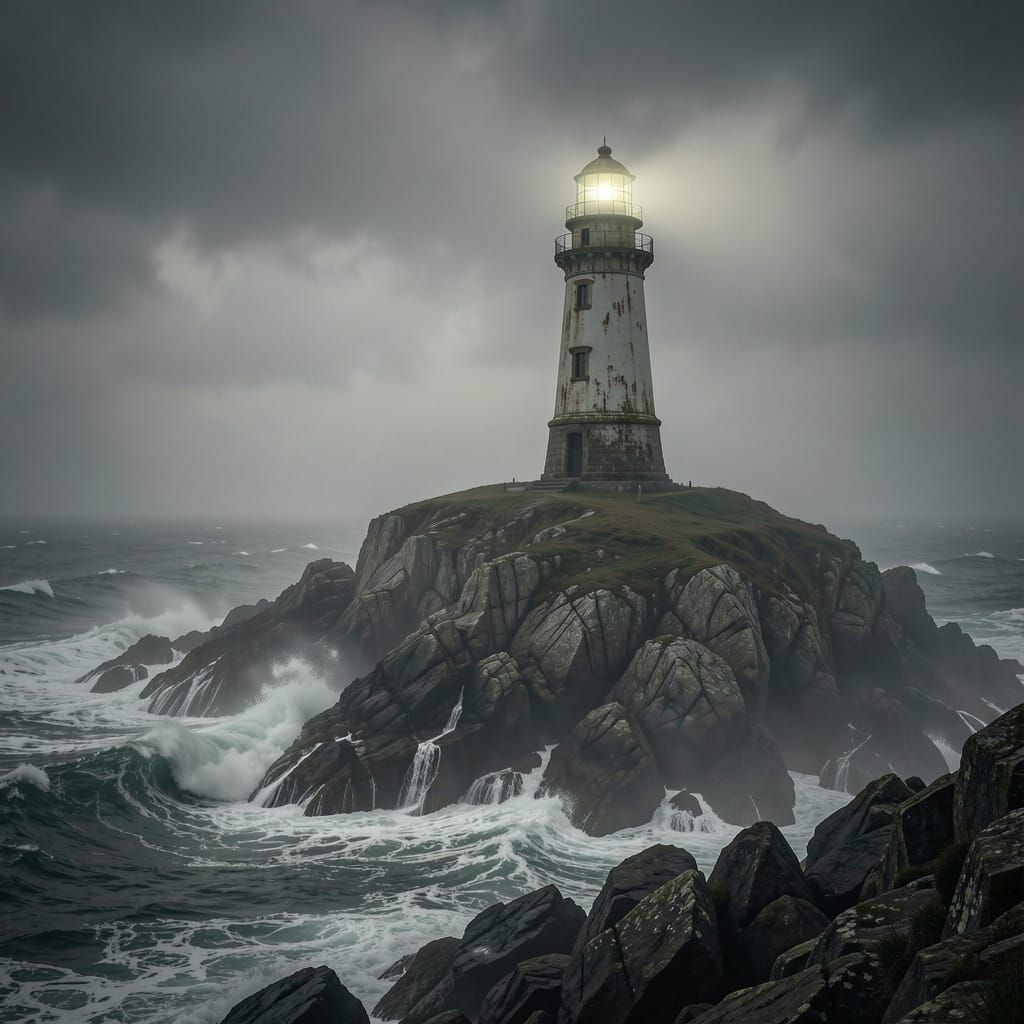 Misty Lighthouse on Isolated Island in Hyper-Realistic Style