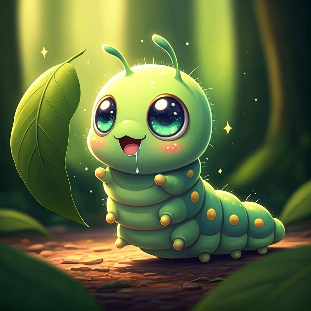 Chibi Caterpillar's Joyful Discovery: Kawaii Anime Style