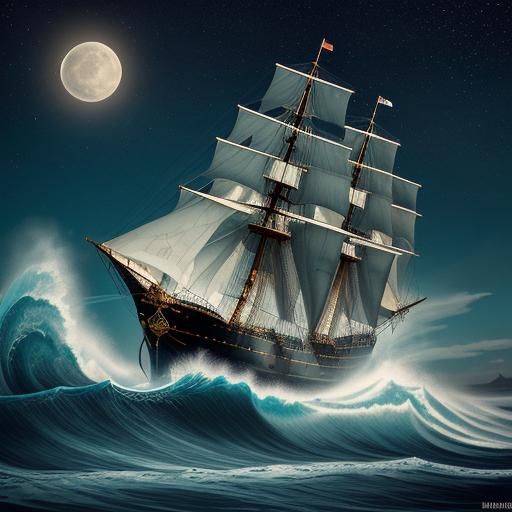 Thirteen Sail Ship Tattoo in Black Ink