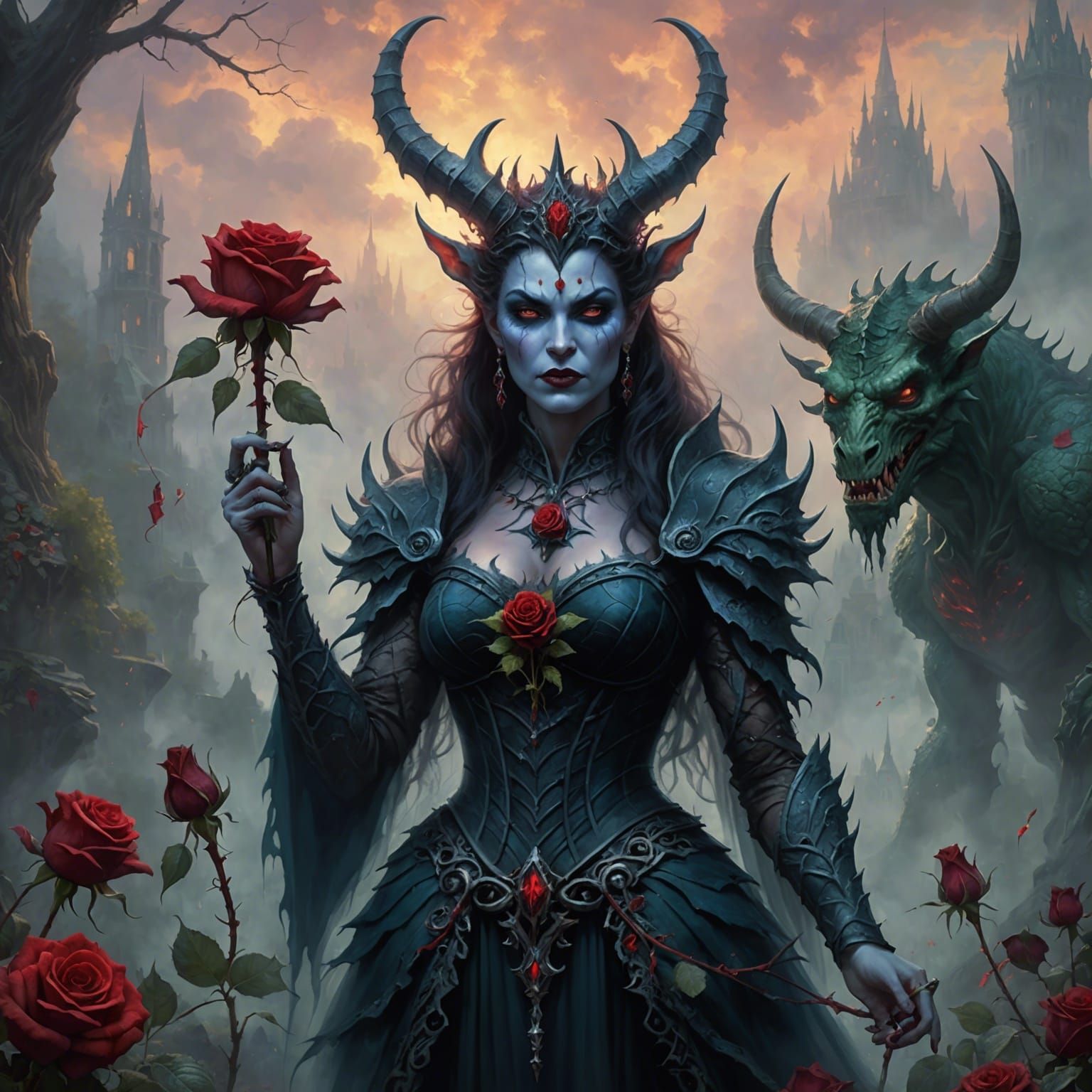 Demon Queen with Rose in Ethereal Fantasy Style