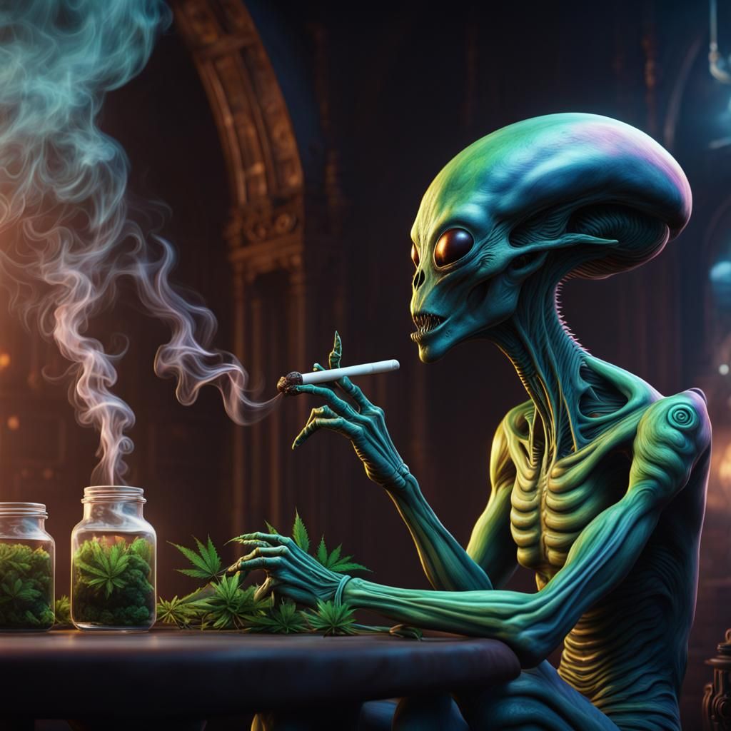 Detailed Alien Smoking Marijuana in Matte Painting Style