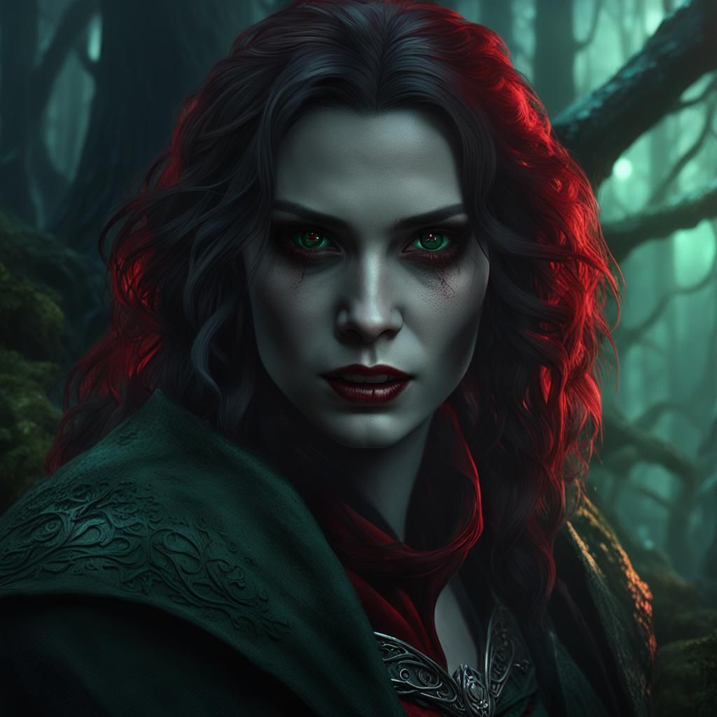Brunette Vampire in Mystical Forest: Digital Art