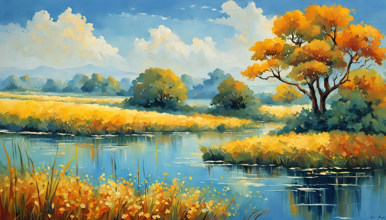 Asian Rice Field Landscape at Sunset in Watercolor