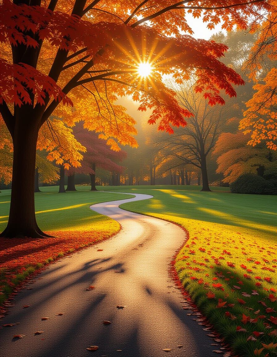 Autumn Leaves Fluttering on a Winding Path