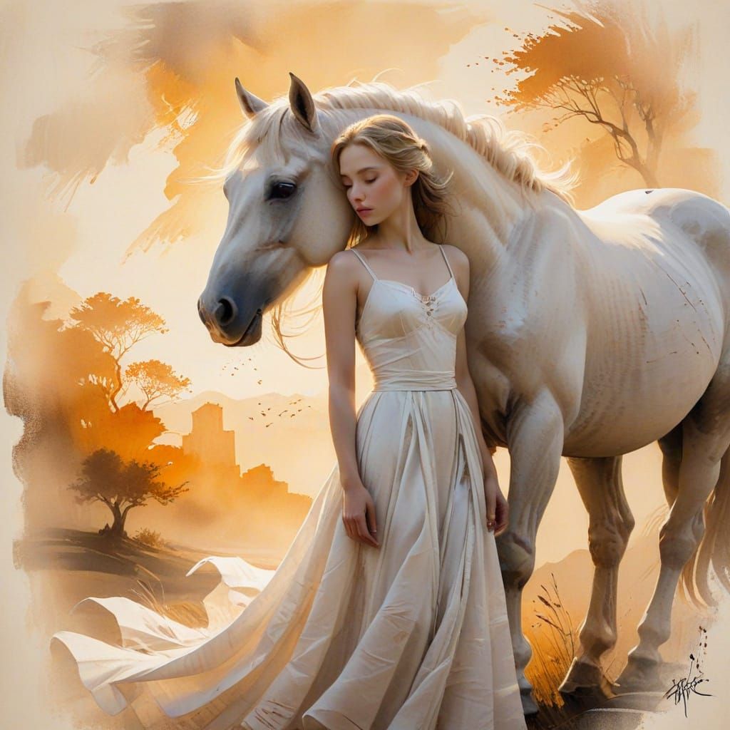 Woman and White Horse in Ink Wash Style