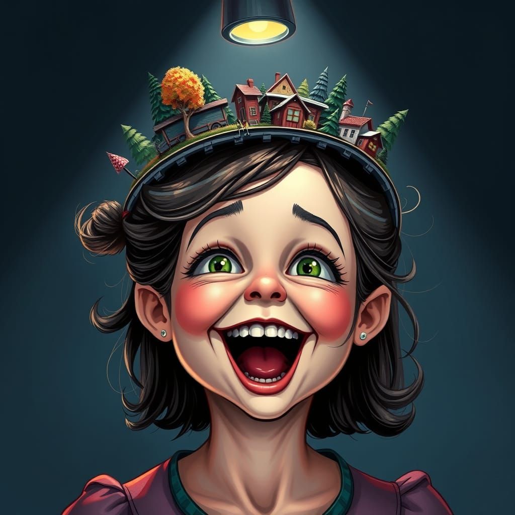 Whimsical Portrait: Miniature Train Diorama on Woman's Head