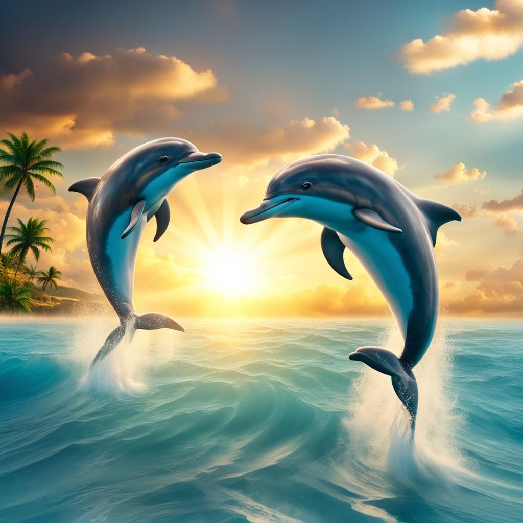 Beautiful dolphins jump out of the sea with high waves. the ...