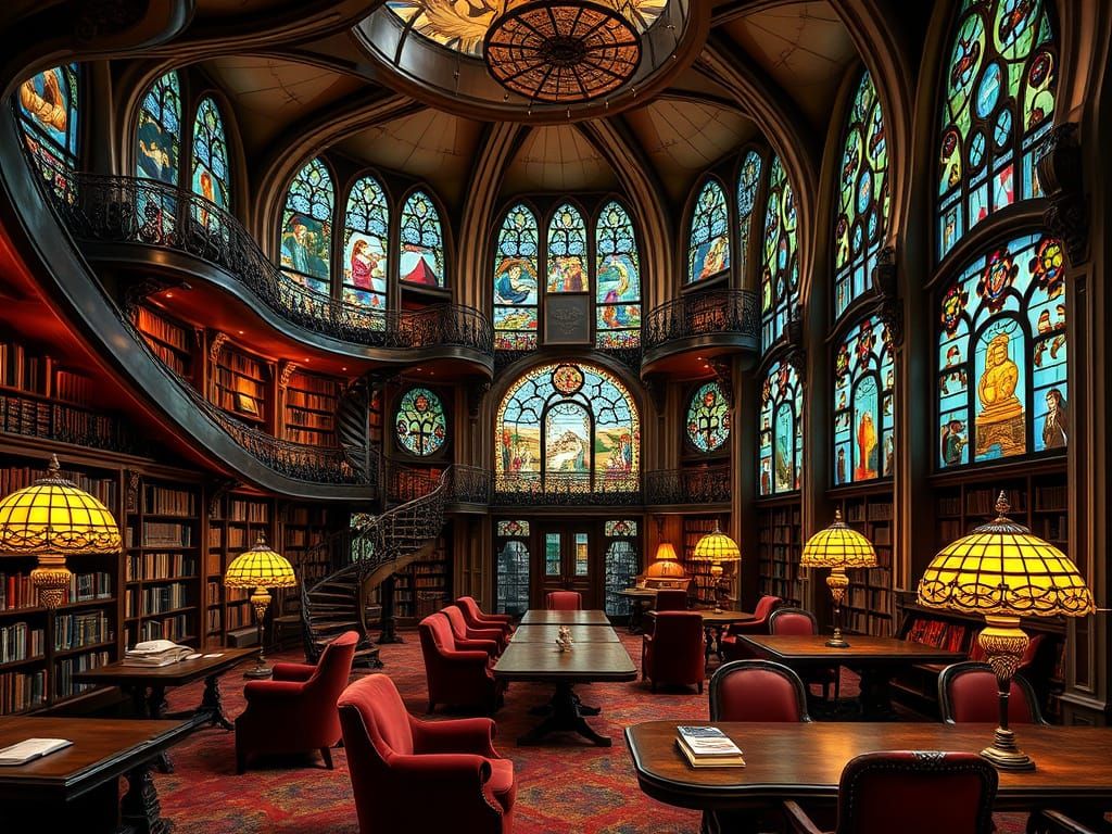Majestic Art Nouveau Library with Whimsical Details