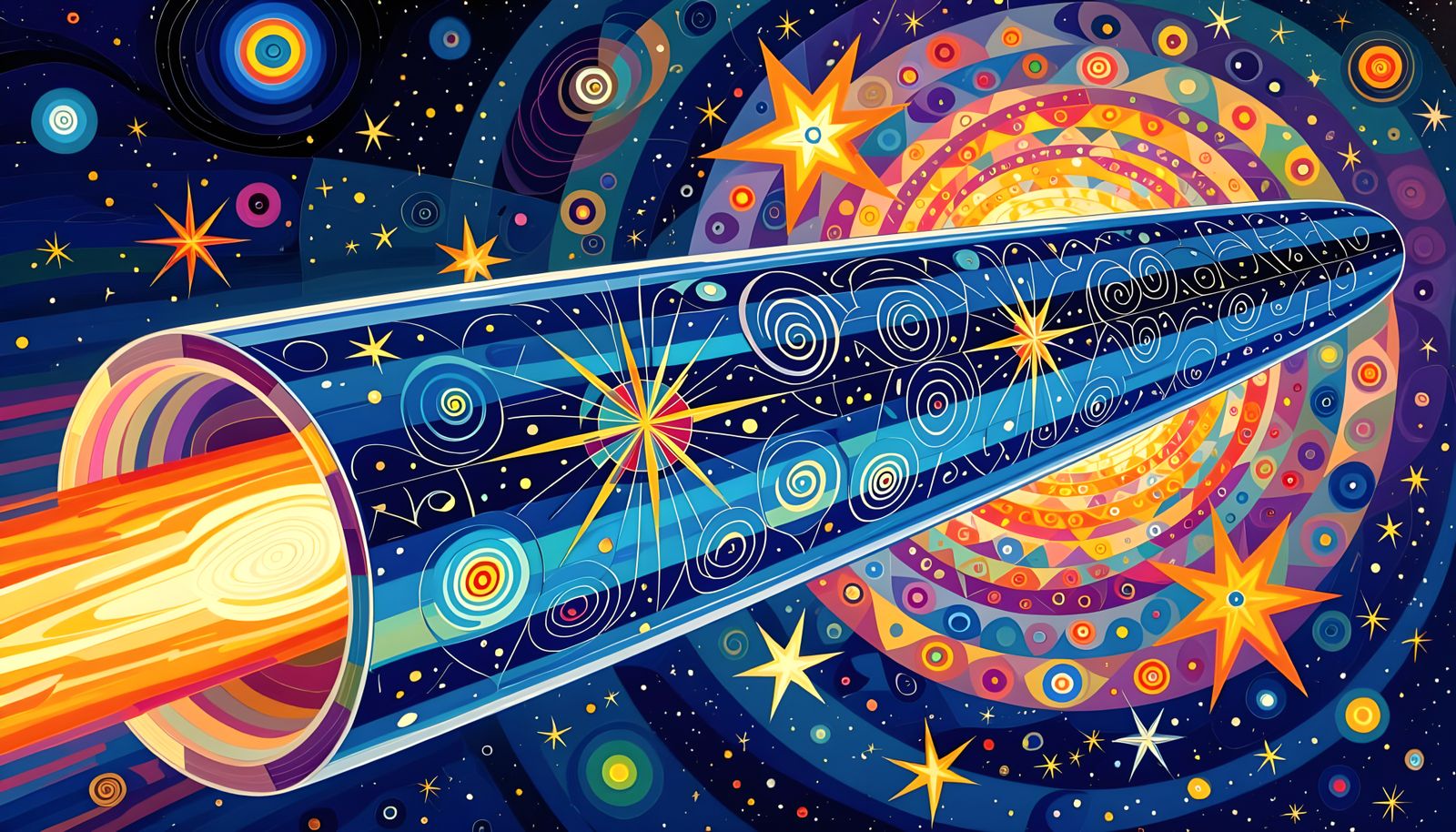 Metallic Cylinder Soars Above Star Cluster as Impasto Oil Pa...