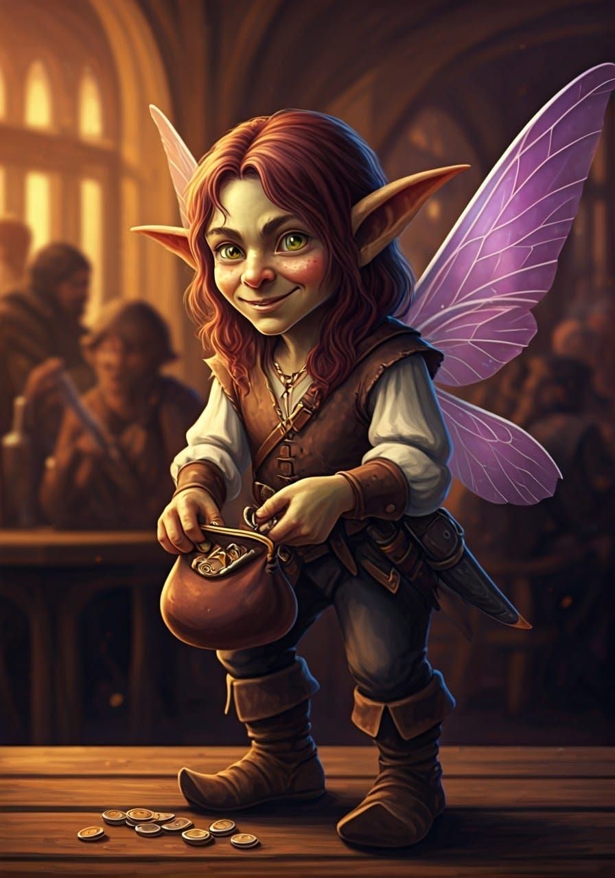 Mischievous Pixie-Goblin Steals Coin Purse in Tavern
