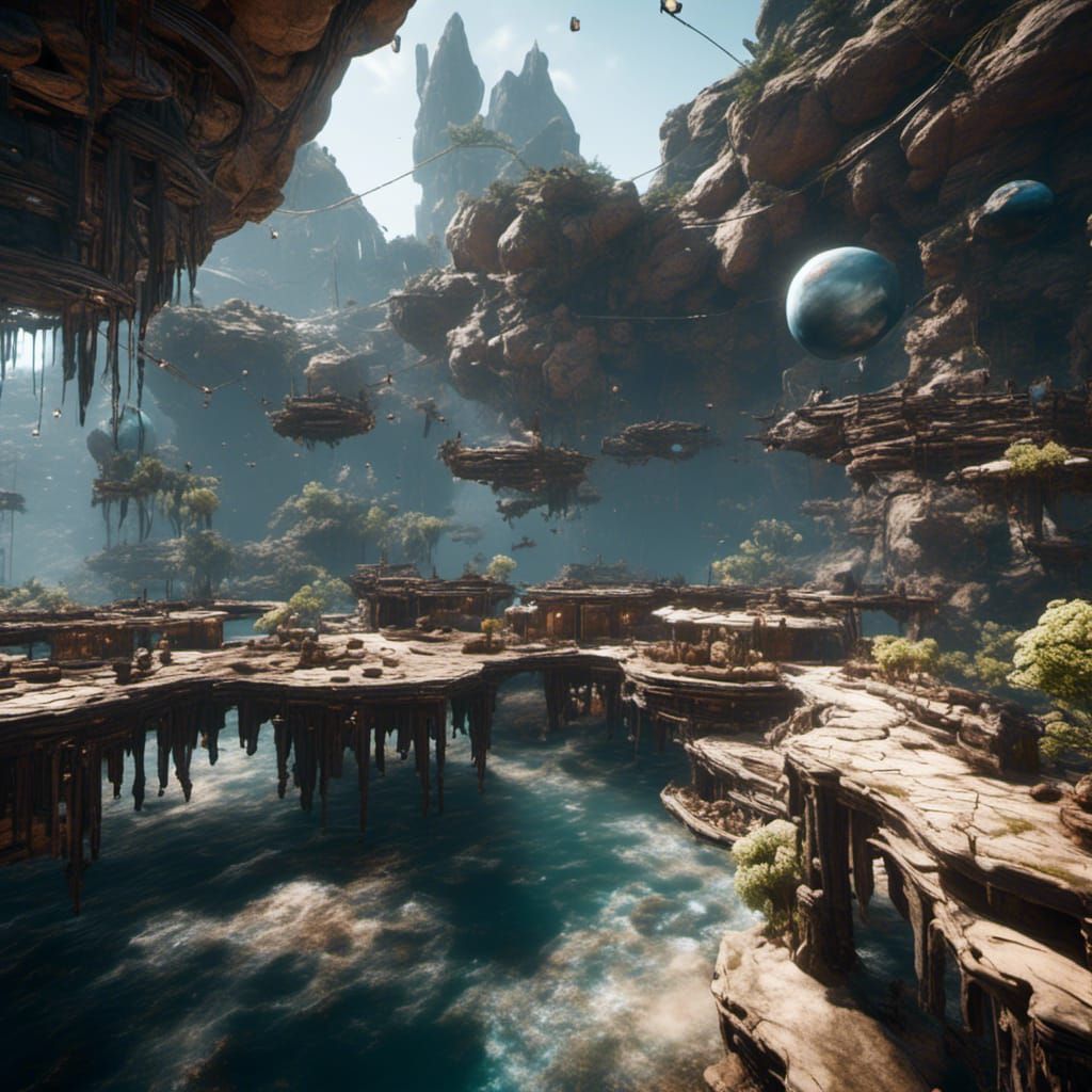 Futuristic Cafe on Floating Island in Space