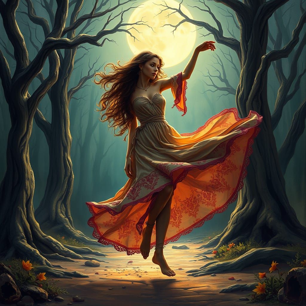 Romantic Gypsy Woman Dances Under Ancient Trees