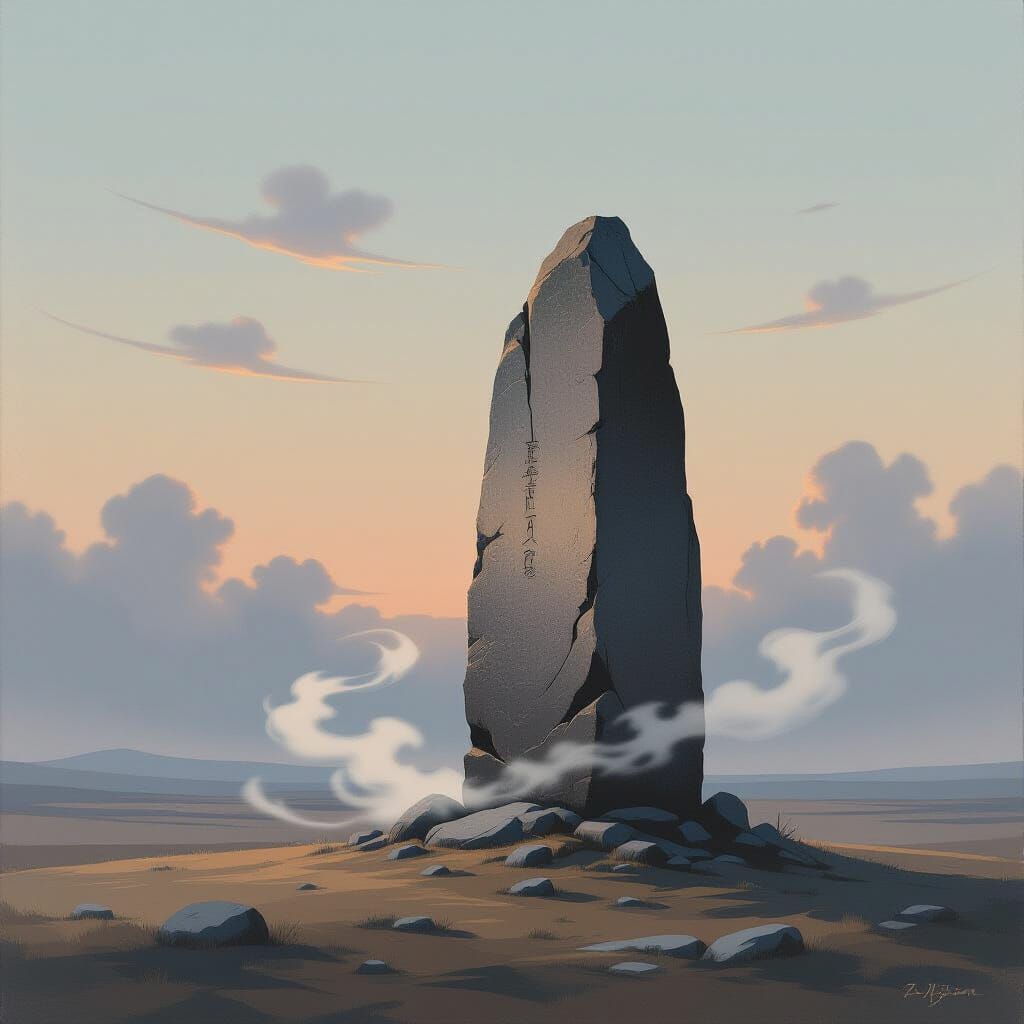 Ancient Monolith in Twilight Mist, Sumi-e Surrealism Style