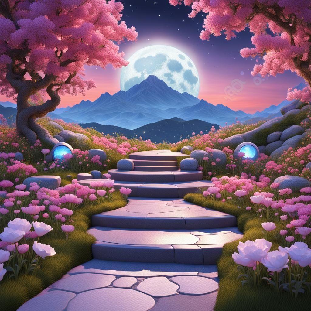 Futuristic Flower Garden Under Cherry Moon