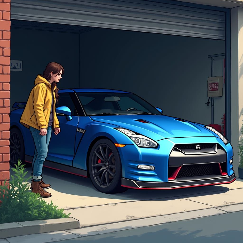 Sleek Nissan GT-R R35 in Dark Garage, Surrounded by Colorful...