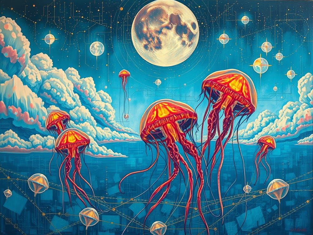 Cosmic Surrealism Seascape with Bioluminescent Jellyfish