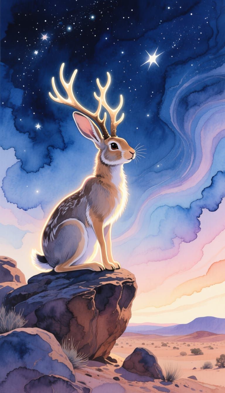 Whimsical Jackalope in Starry Desert Twilight