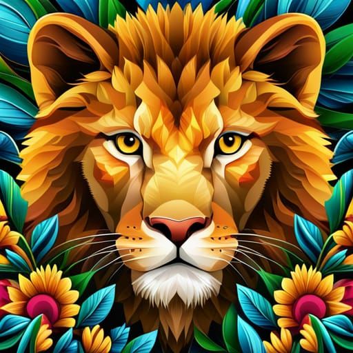 Realistic Lion Cub in Colorful Abstract Flower Garden