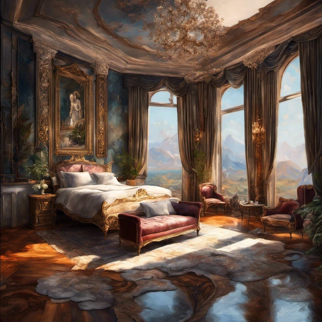 Opulent Bedroom with Bath, Impasto Oil Painting