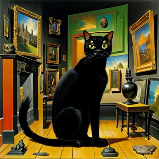 Black Cat Hiding: Surrealist Oil Painting in Museum