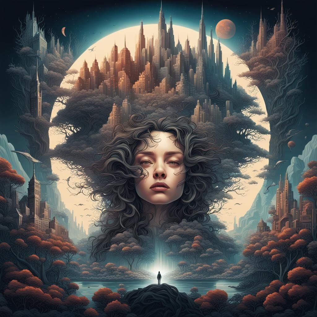 An exquisite, mind-bending double exposure of contrasting emotions in mesmerizingly intricate and insanely detailed vect...