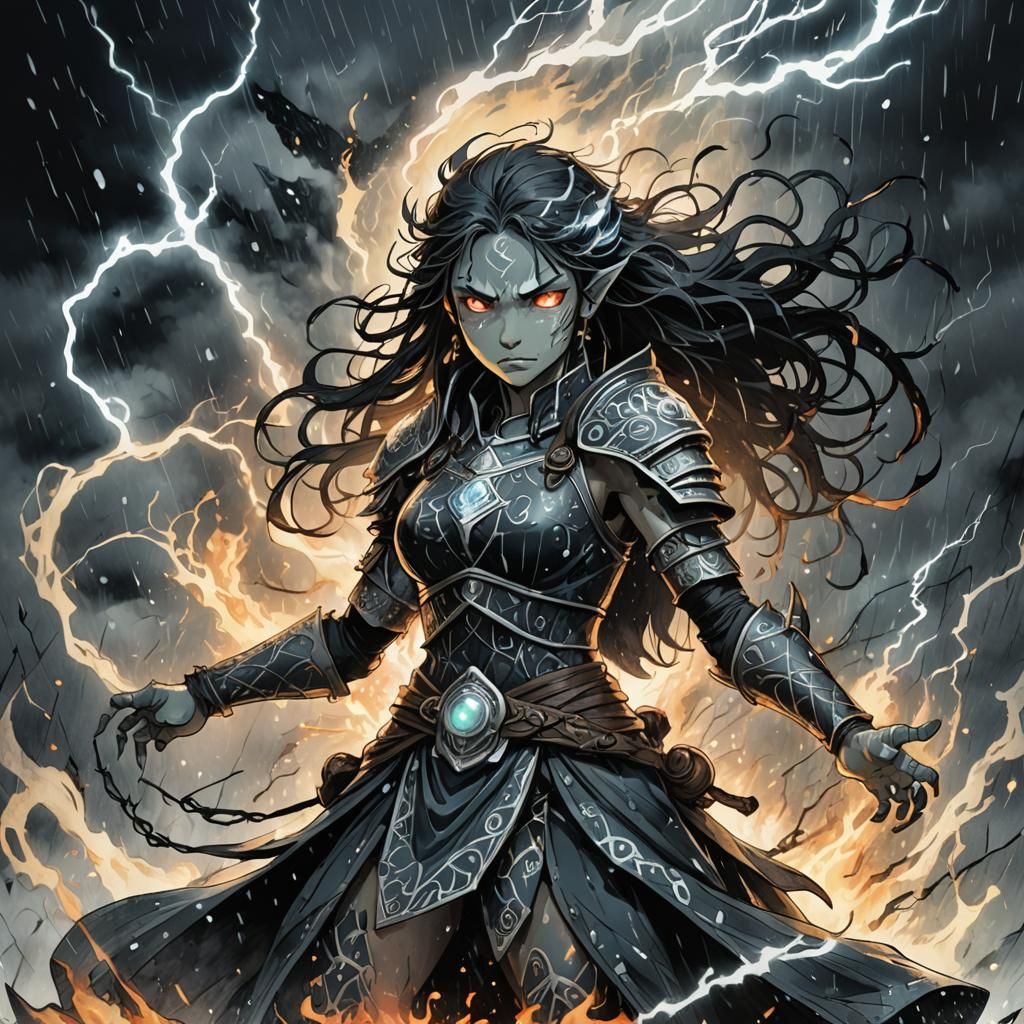 Orc Warrior Woman Summons Elements in Ghibli Style