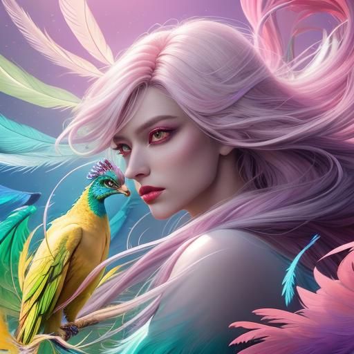 Surreal Silver Woman with Dragon Peacock, 3D Art